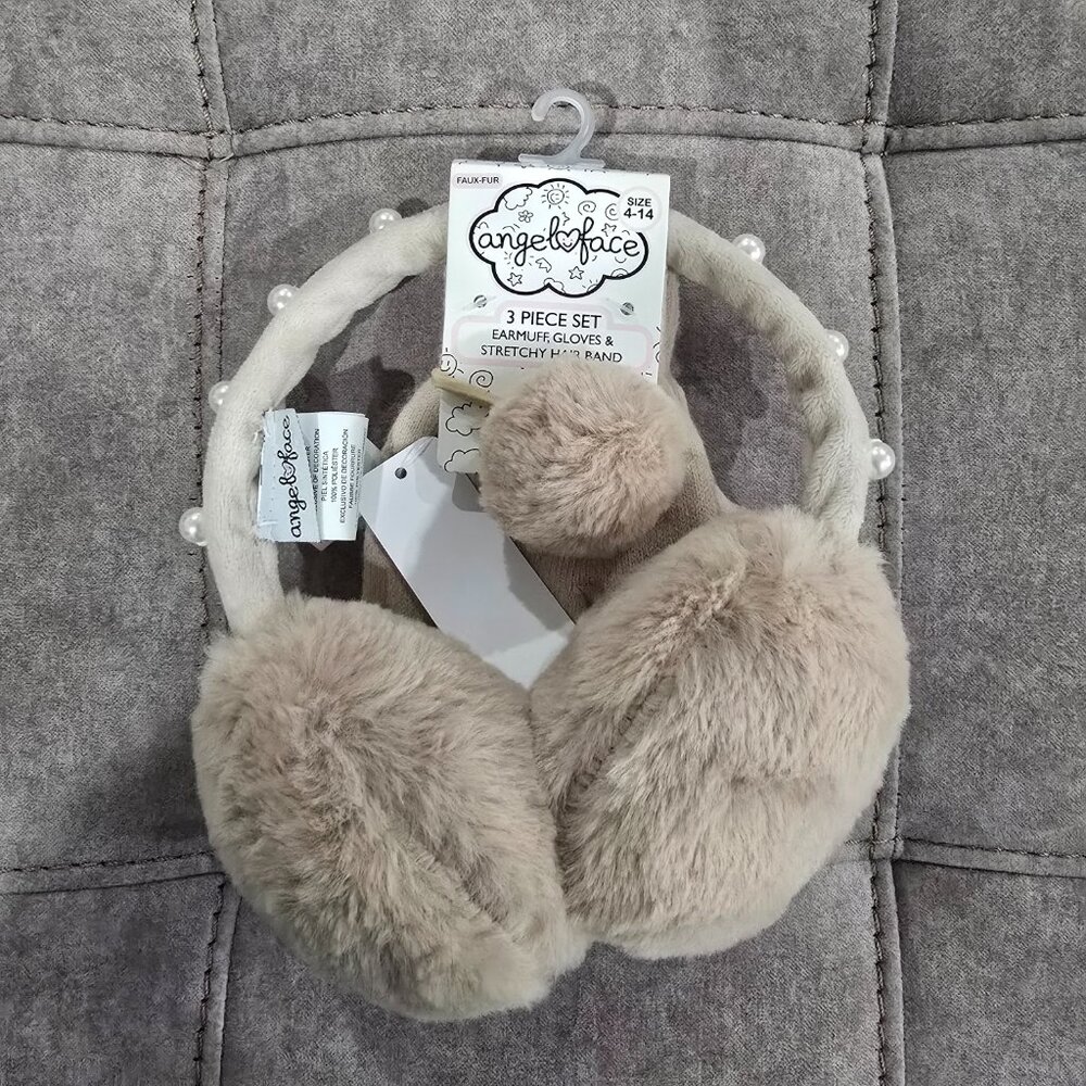 NWT Angel Face Earmuff, Gloves & Stretchy Hair Band, 3 Piece Set Size 4-14